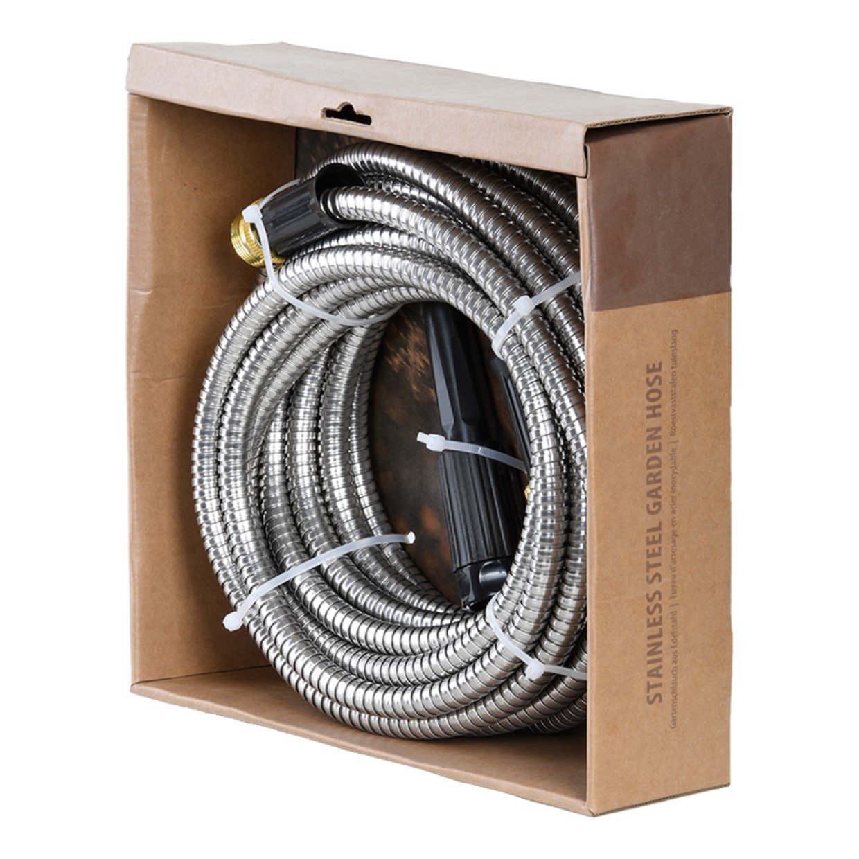 Stainless steel Design garden hose - including nozzle. Doesn't kink.